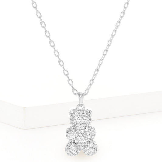 Madeline Love Rhodium White Gold Dipped CZ Embellished Metal Bear Pendant Necklace - Jewelry