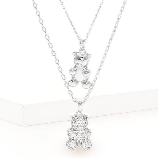 Madeline Love Clear, Rhodium White Gold Dipped CZ Embellished Metal Bear Pendant Double Layered Necklace - Jewelry