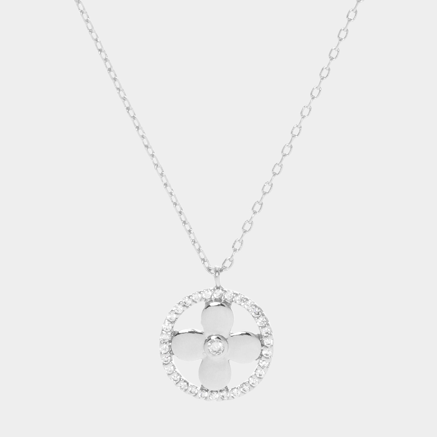 Madeline Love Clear, Rhodium White Gold Dipped CZ Centered Metal Quatrefoil Round Pendant Necklace - Jewelry