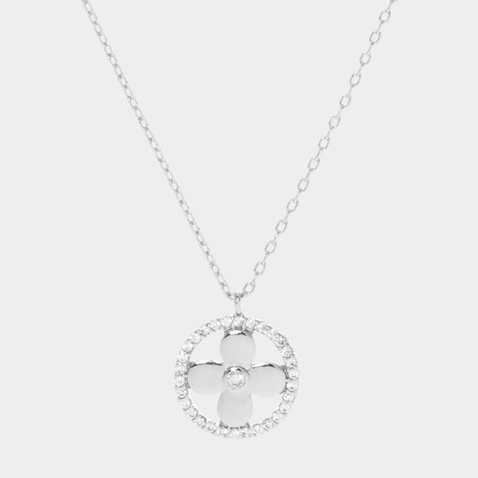 Madeline Love Clear, Rhodium White Gold Dipped CZ Centered Metal Quatrefoil Round Pendant Necklace - Jewelry