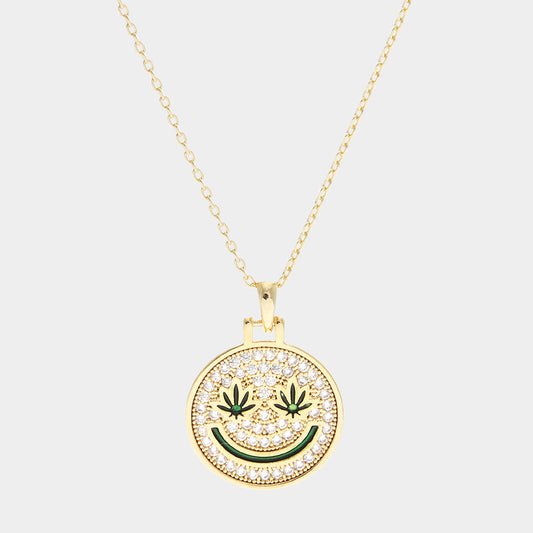 Madeline Love Clear, Gold Gold Dipped Hemp Leaf Pointed CZ Smile Pendant Necklace - Necklaces