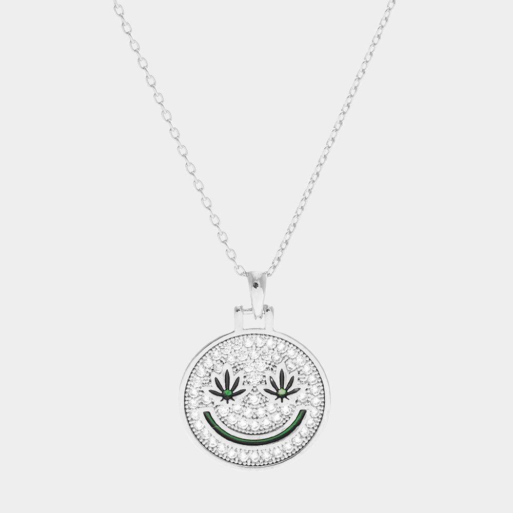 Madeline Love Clear, Rhodium White Gold Dipped Hemp Leaf Pointed CZ Smile Pendant Necklace - Necklaces
