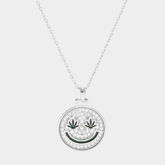 Madeline Love Clear, Rhodium White Gold Dipped Hemp Leaf Pointed CZ Smile Pendant Necklace - Necklaces