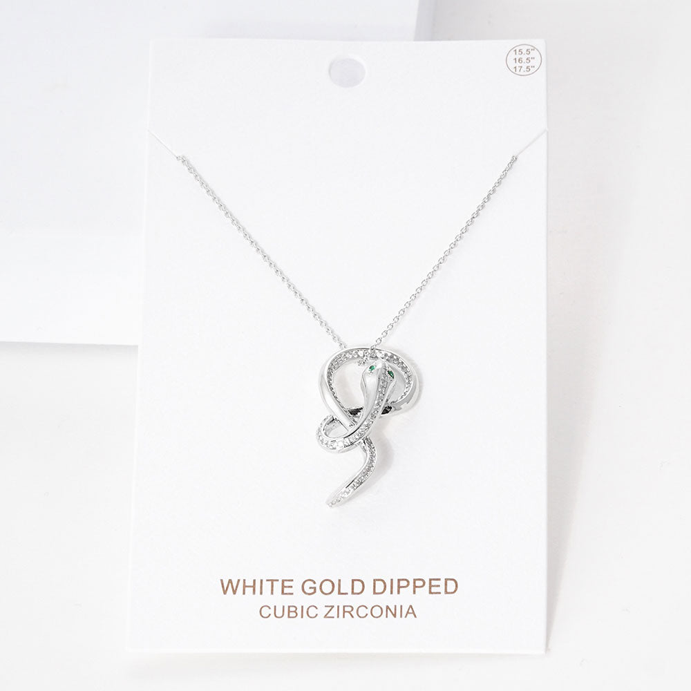 Madeline Love Rhodium White Gold Dipped CZ Embellished Metal Snake Pendant Necklace - Necklaces