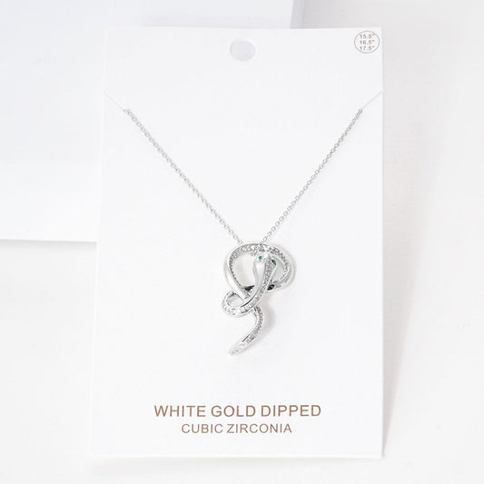 Madeline Love Rhodium White Gold Dipped CZ Embellished Metal Snake Pendant Necklace - Necklaces