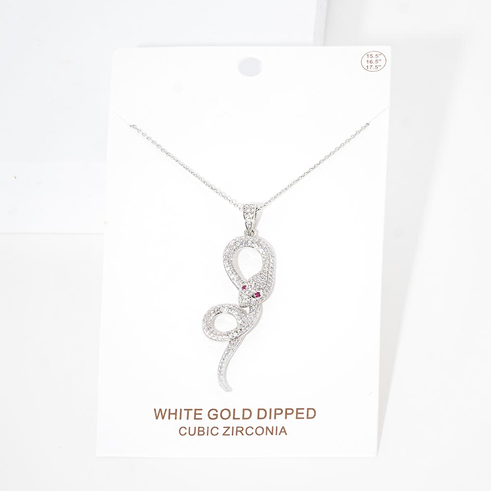 Madeline Love Rhodium White Gold Dipped CZ Snake Pendant Necklace - Jewelry