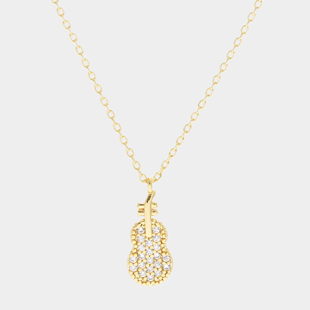 Madeline Love Clear, Gold Gold Dipped CZ Violin Pendant Necklace - Jewelry