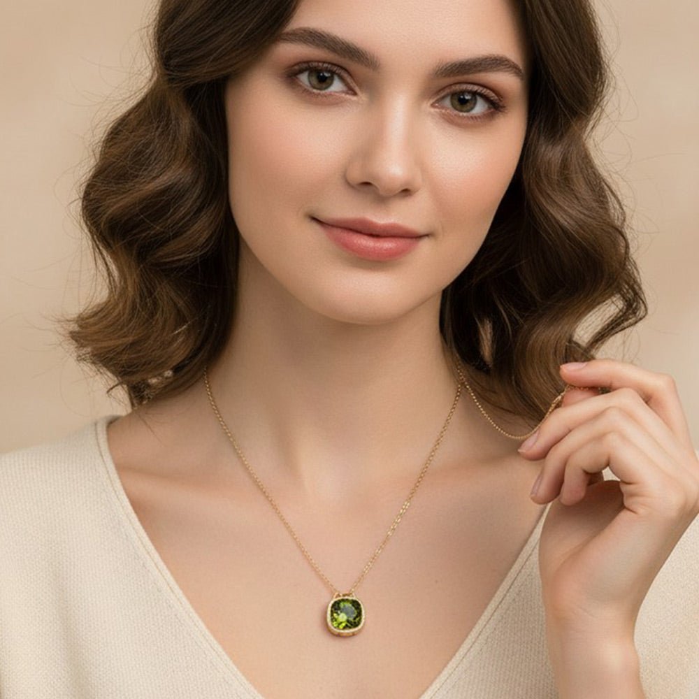 Madeline Love Olive Green Square Stone Bezel Pendant Necklace