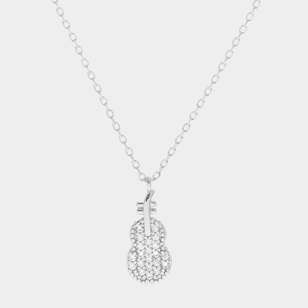 Madeline Love Clear, Rhodium White Gold Dipped CZ Violin Pendant Necklace - Jewelry