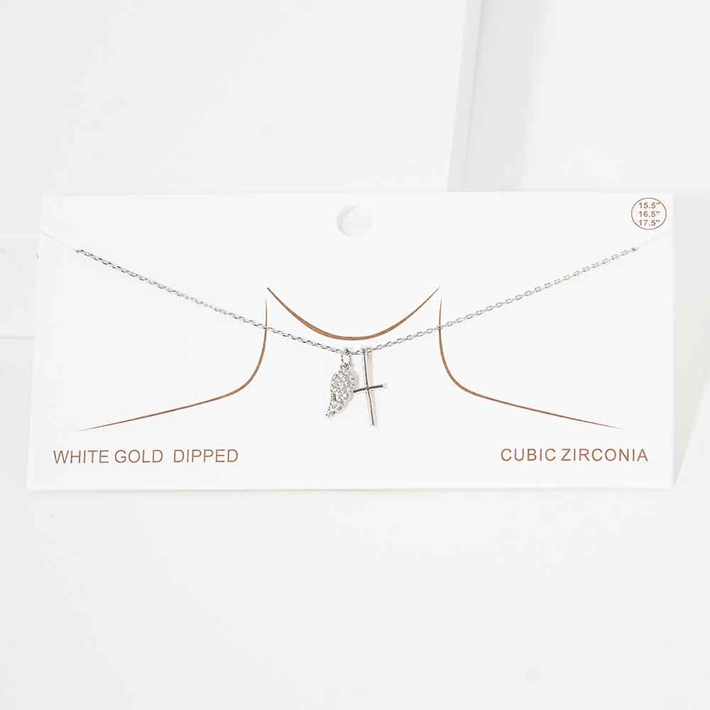 Madeline Love Rhodium White Gold Dipped CZ Embellished Metal Wing Cross Pendant Necklace - Jewelry