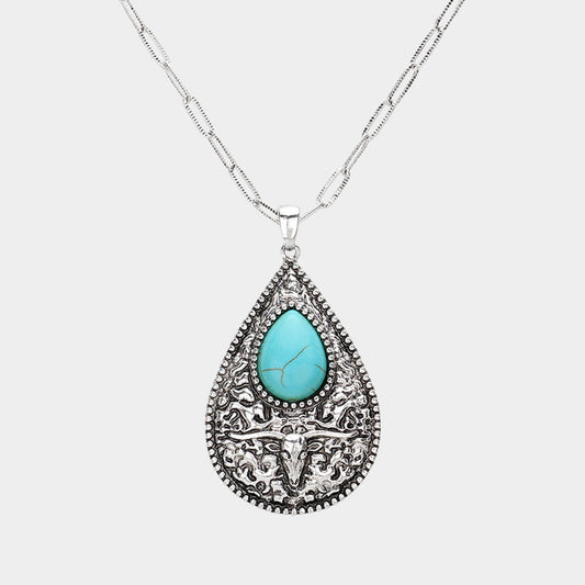 Madeline Love Silver Burnished, Turquoise Western Teardrop Turquoise Stone Pointed Teardrop Plate Pendant Necklace - Jewelry