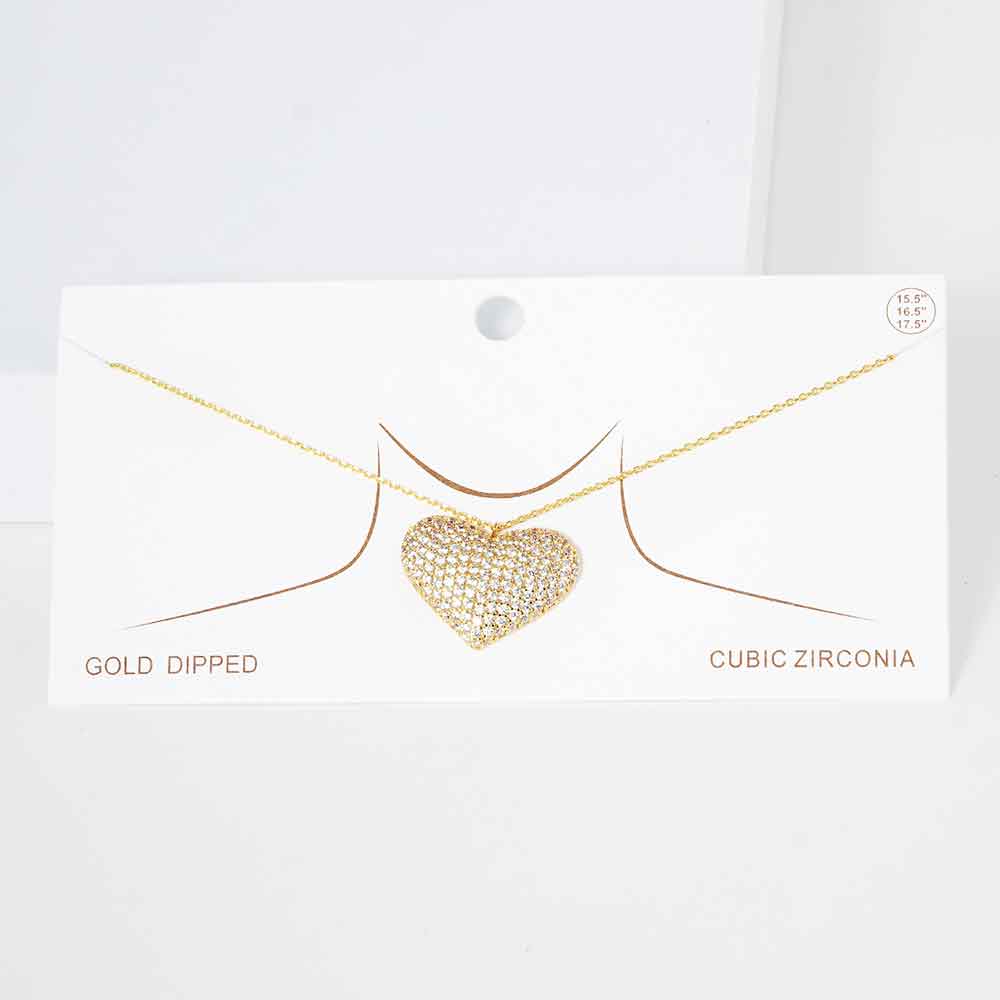 Gold Dipped CZ Embellished Metal Heart Pendant Necklace