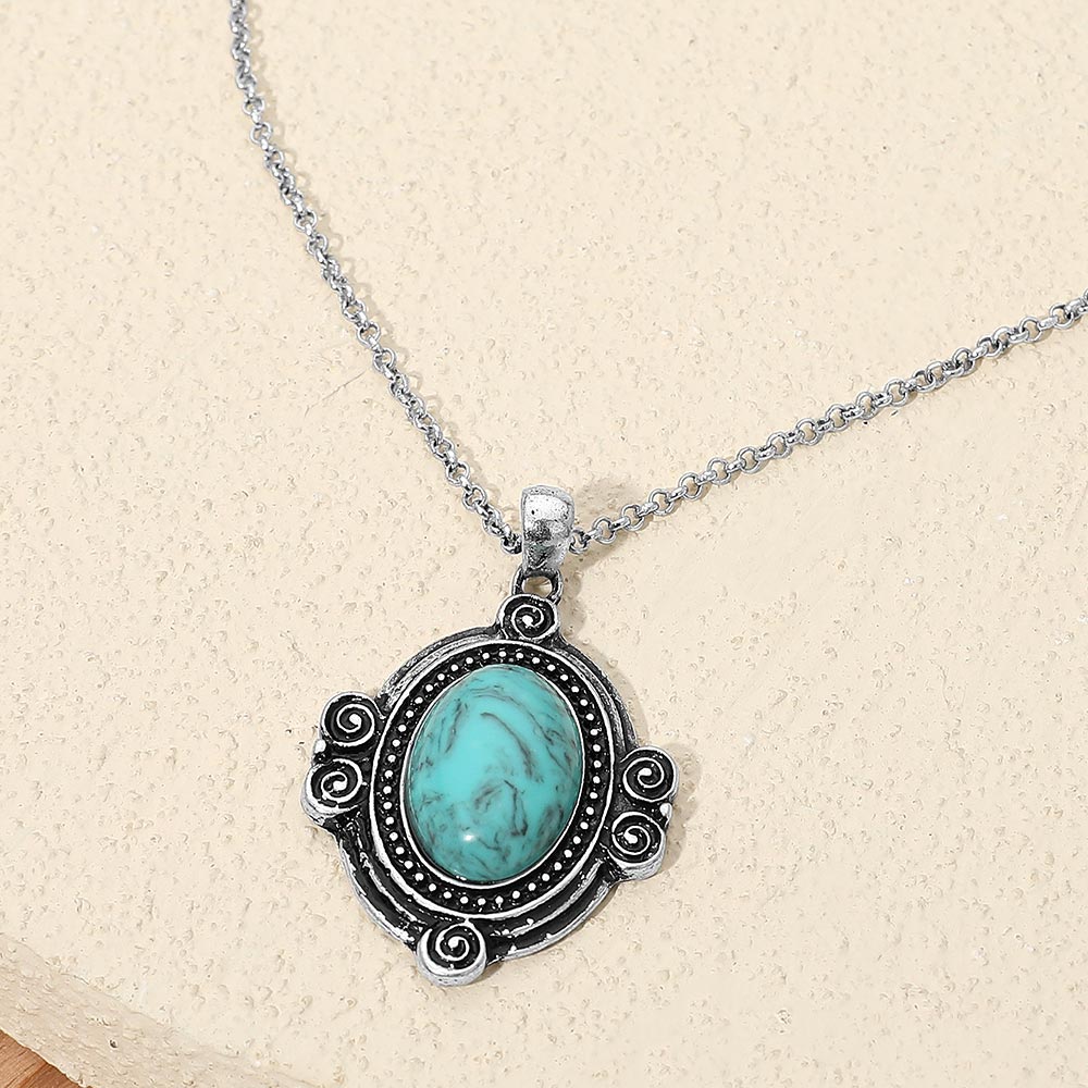 Madeline Love Silver Burnished, Turquoise Vintage Oval Turquoise Stone Pendant Necklace - Jewelry