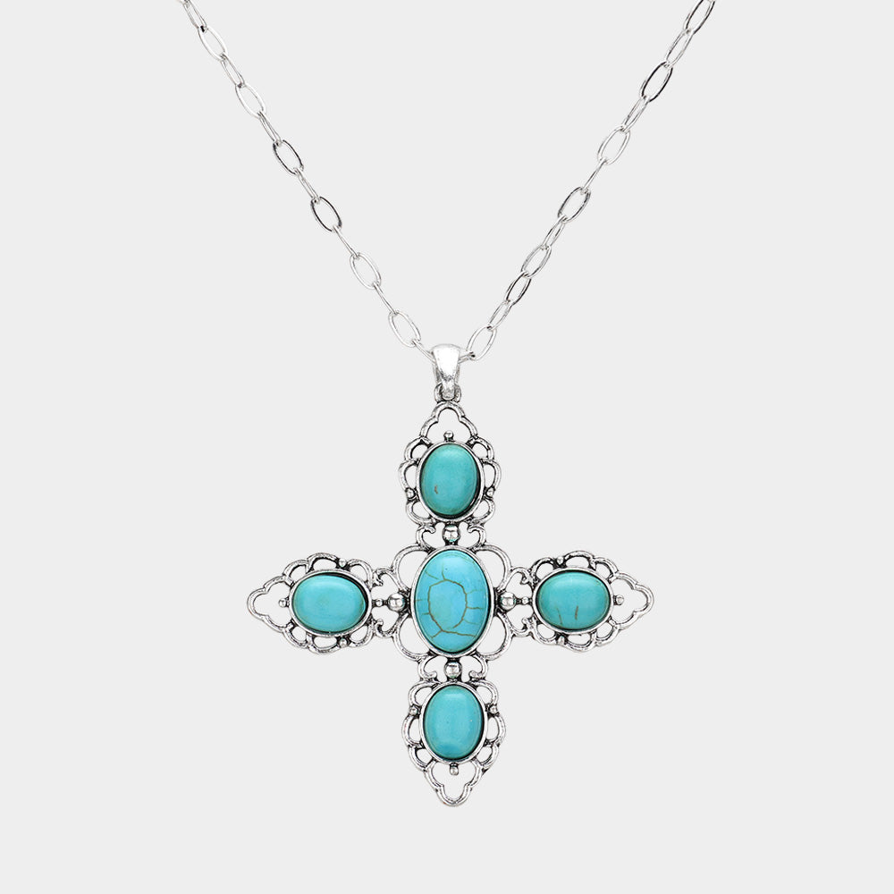 Madeline Love Silver Burnished, Turquoise Oval Western Turquoise Stone Pointed Cross Pendant Necklace - Jewelry