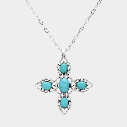 Madeline Love Silver Burnished, Turquoise Oval Western Turquoise Stone Pointed Cross Pendant Necklace - Jewelry