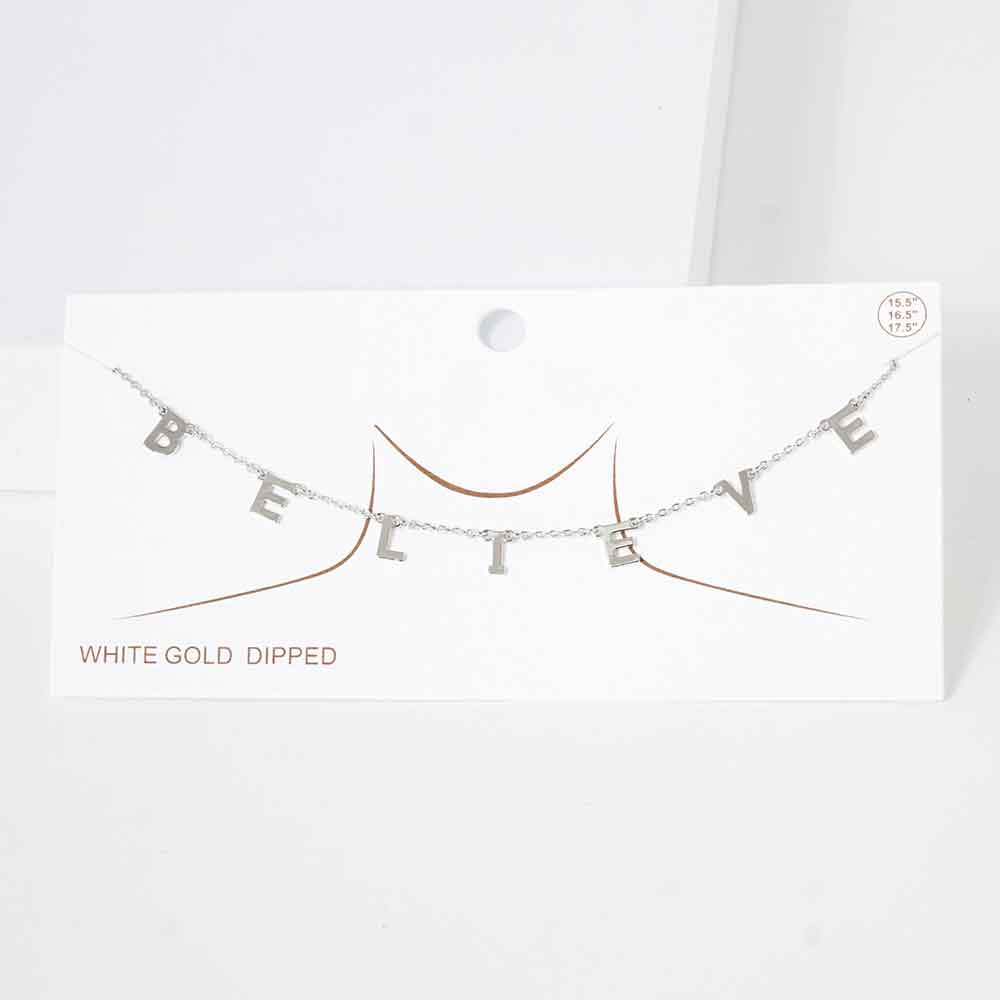 Madeline Love Rhodium BELIEVE White Gold Dipped Metal Message Pendant Station Necklace - Necklaces
