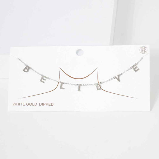 Madeline Love Rhodium BELIEVE White Gold Dipped Metal Message Pendant Station Necklace - Necklaces