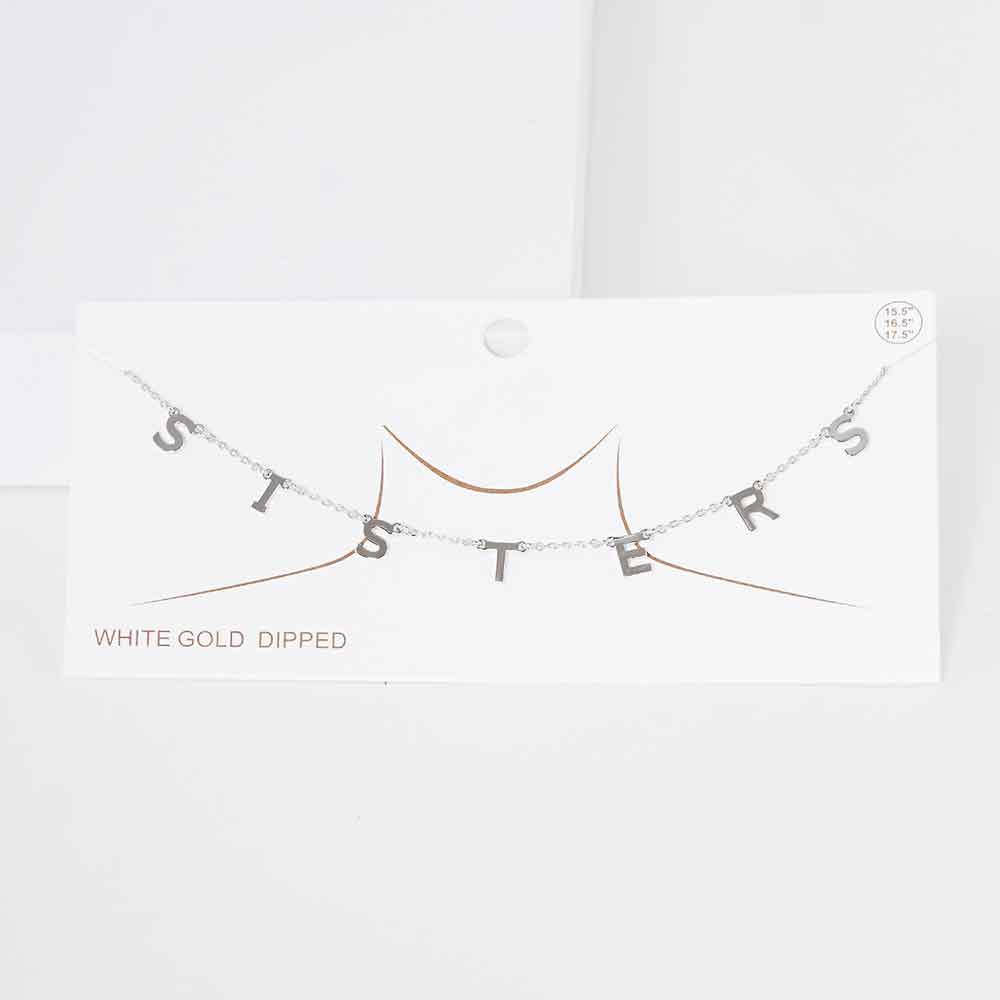 Madeline Love Rhodium SISTERS White Gold Dipped Metal Message Pendant Station Necklace - Necklaces