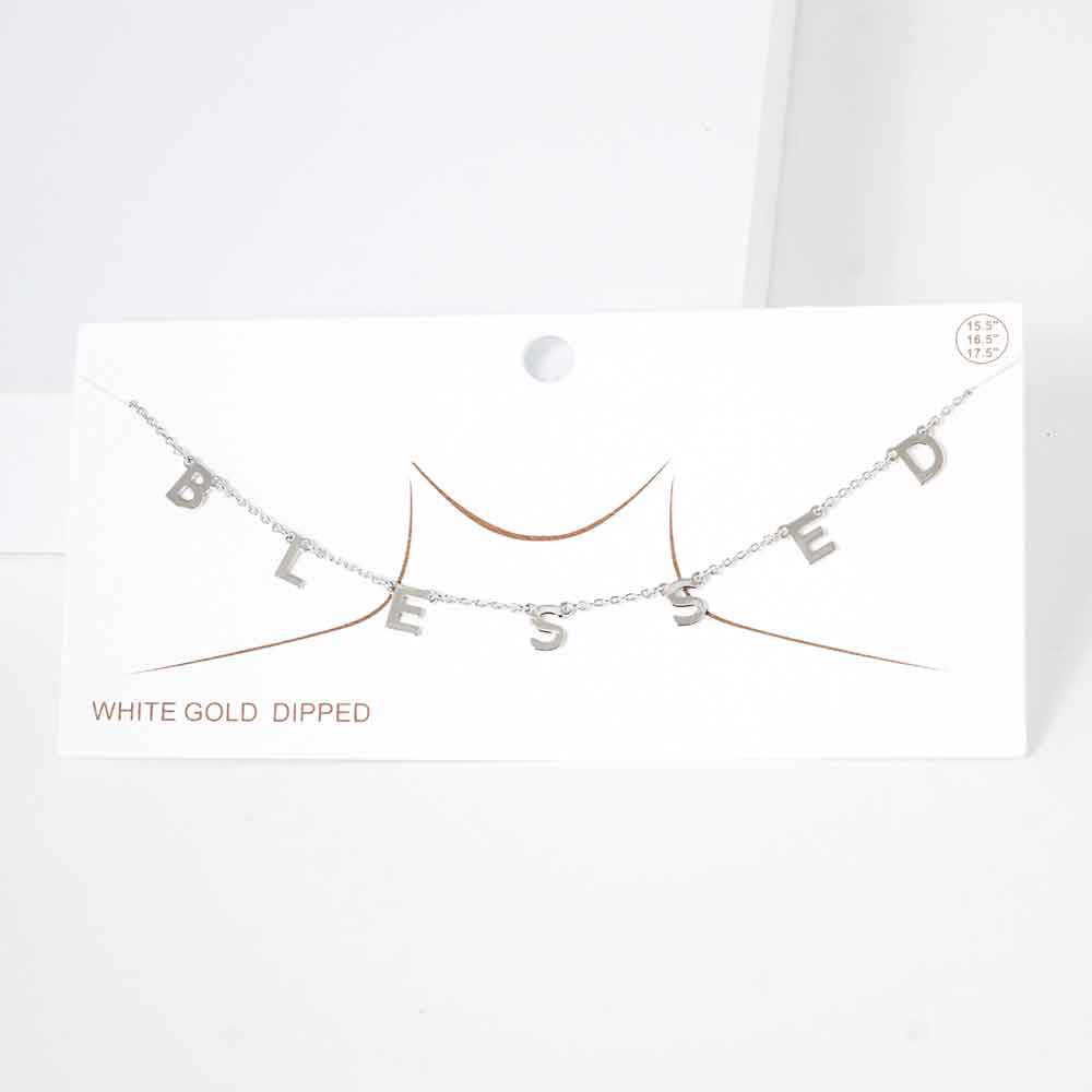 Madeline Love Rhodium BLESSED White Gold Dipped Metal Message Pendant Station Necklace - Necklaces