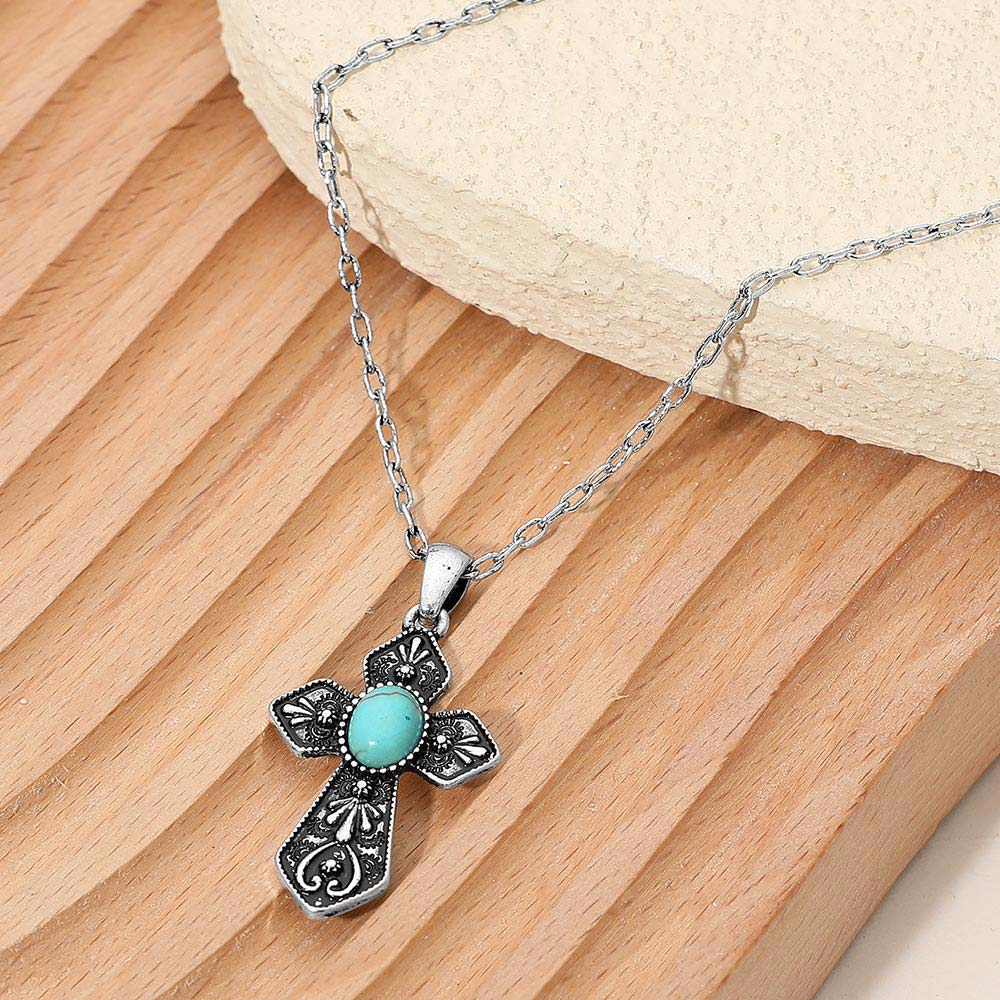 Madeline Love Silver Burnished, Turquoise Oval Turquoise Stone Accent Ornate Cross Pendant Necklace - Jewelry