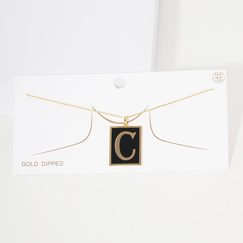Gold -C- Gold Dipped Enamel Rectangle Initial Monogram Pendant Necklace