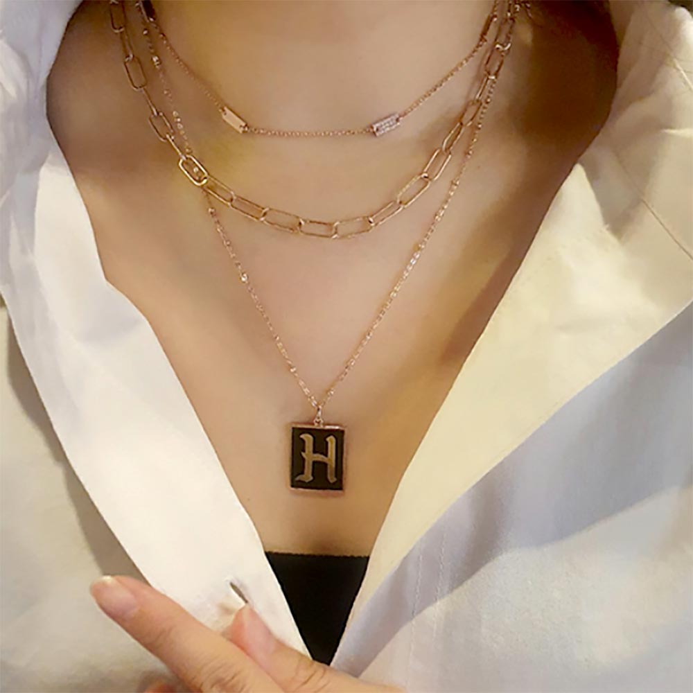Madeline Love ~H~ -H- Gold Dipped Enamel Rectangle Initial Monogram Pendant Necklace - Necklaces