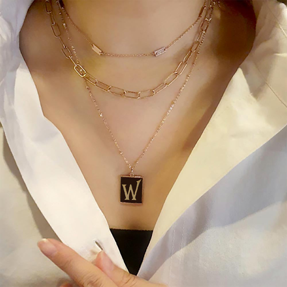 Madeline Love ~W~ -W- Gold Dipped Enamel Rectangle Initial Monogram Pendant Necklace - Necklaces
