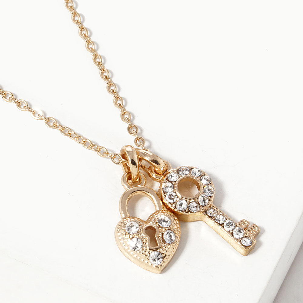 Madeline Love Clear, Gold Rhinestone Paved Key Heart Lock Pendant Necklace - Jewelry