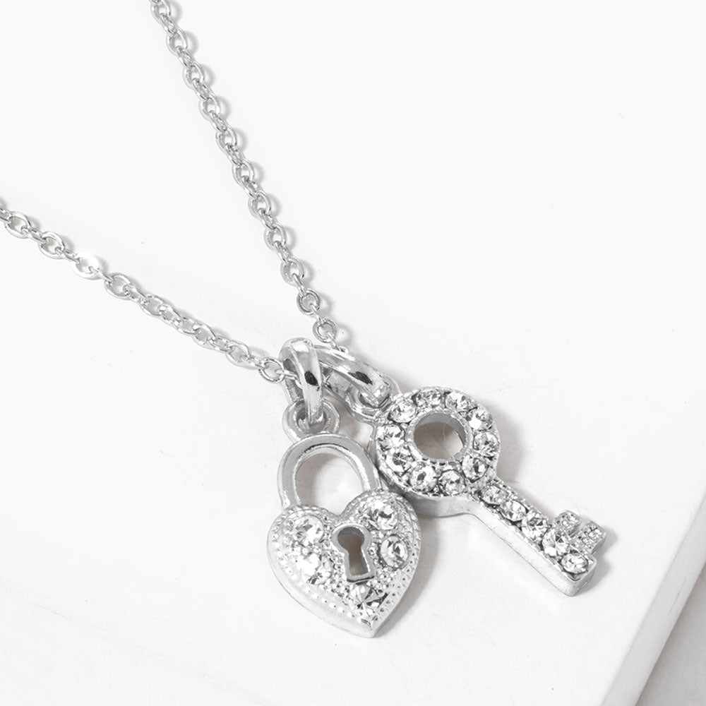 Madeline Love Clear, Rhodium Rhinestone Paved Key Heart Lock Pendant Necklace - Jewelry