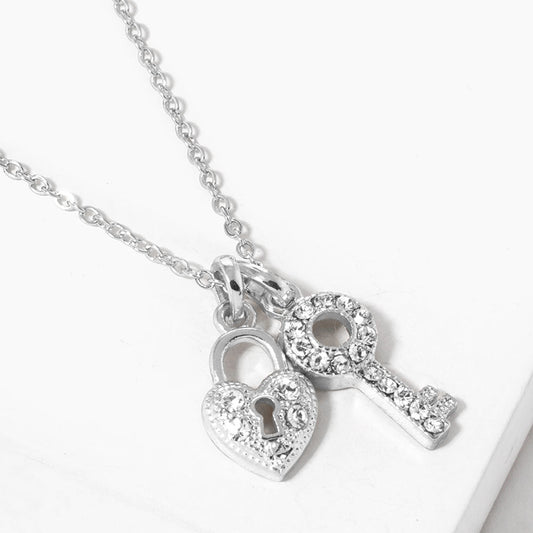 Madeline Love Clear, Rhodium Rhinestone Paved Key Heart Lock Pendant Necklace - Jewelry