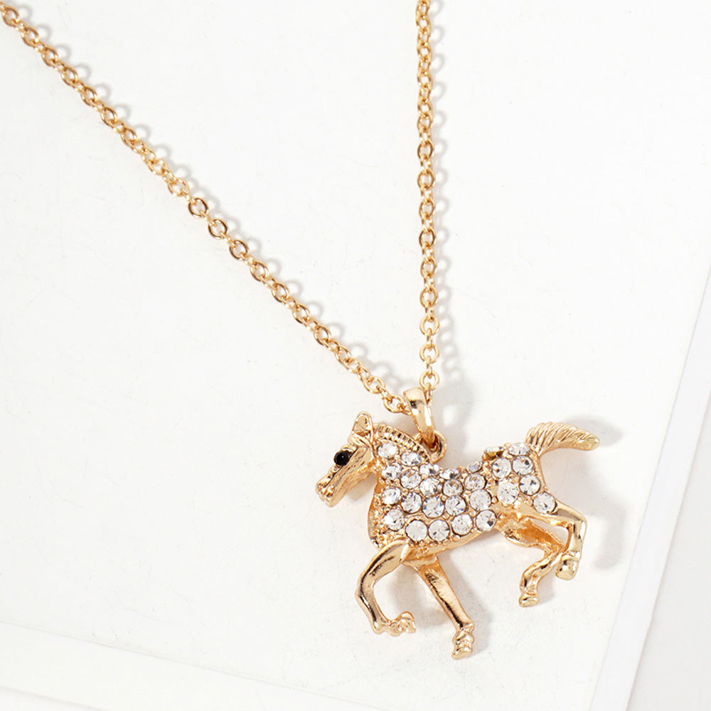 Madeline Love Clear, Gold Rhinestone Paved Running Horse Pendant Necklace - Jewelry