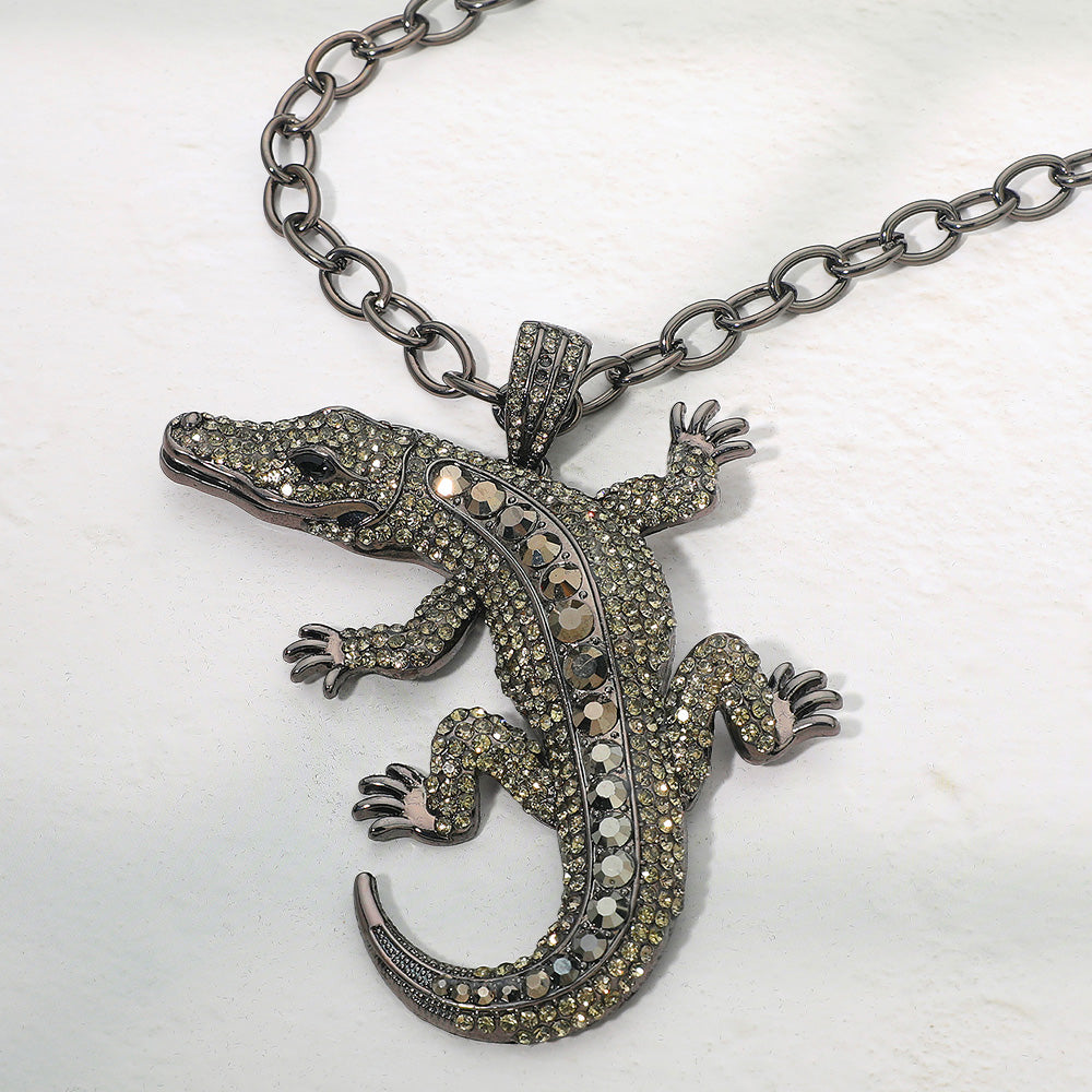 Madeline Love Black Diamond Bold Bling Studded Alligator Pendant Chunky Chain Statement Necklace - Necklaces