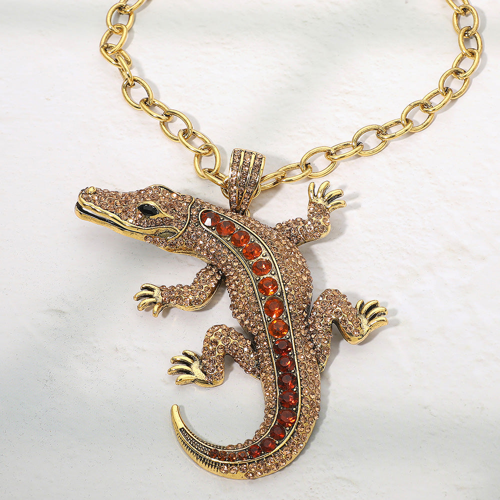 Madeline Love Brown Bold Bling Studded Alligator Pendant Chunky Chain Statement Necklace - Necklaces