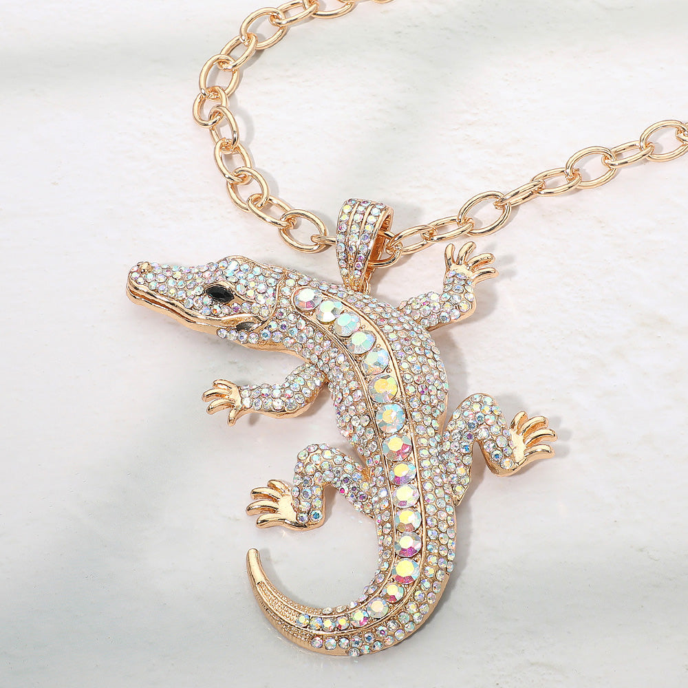 Madeline Love AB, Gold Bold Bling Studded Alligator Pendant Chunky Chain Statement Necklace - Necklaces