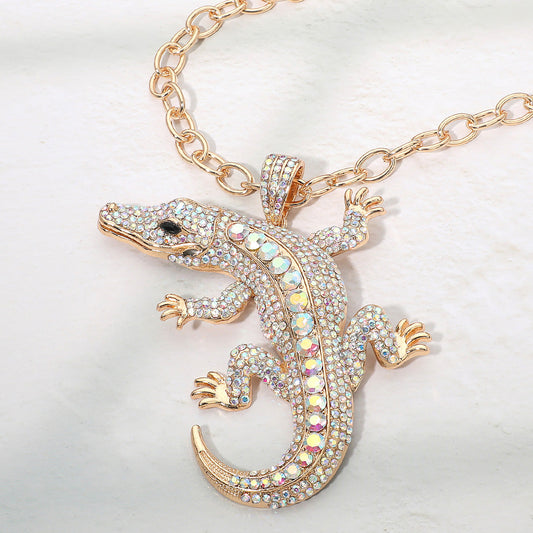 Madeline Love AB, Gold Bold Bling Studded Alligator Pendant Chunky Chain Statement Necklace - Necklaces