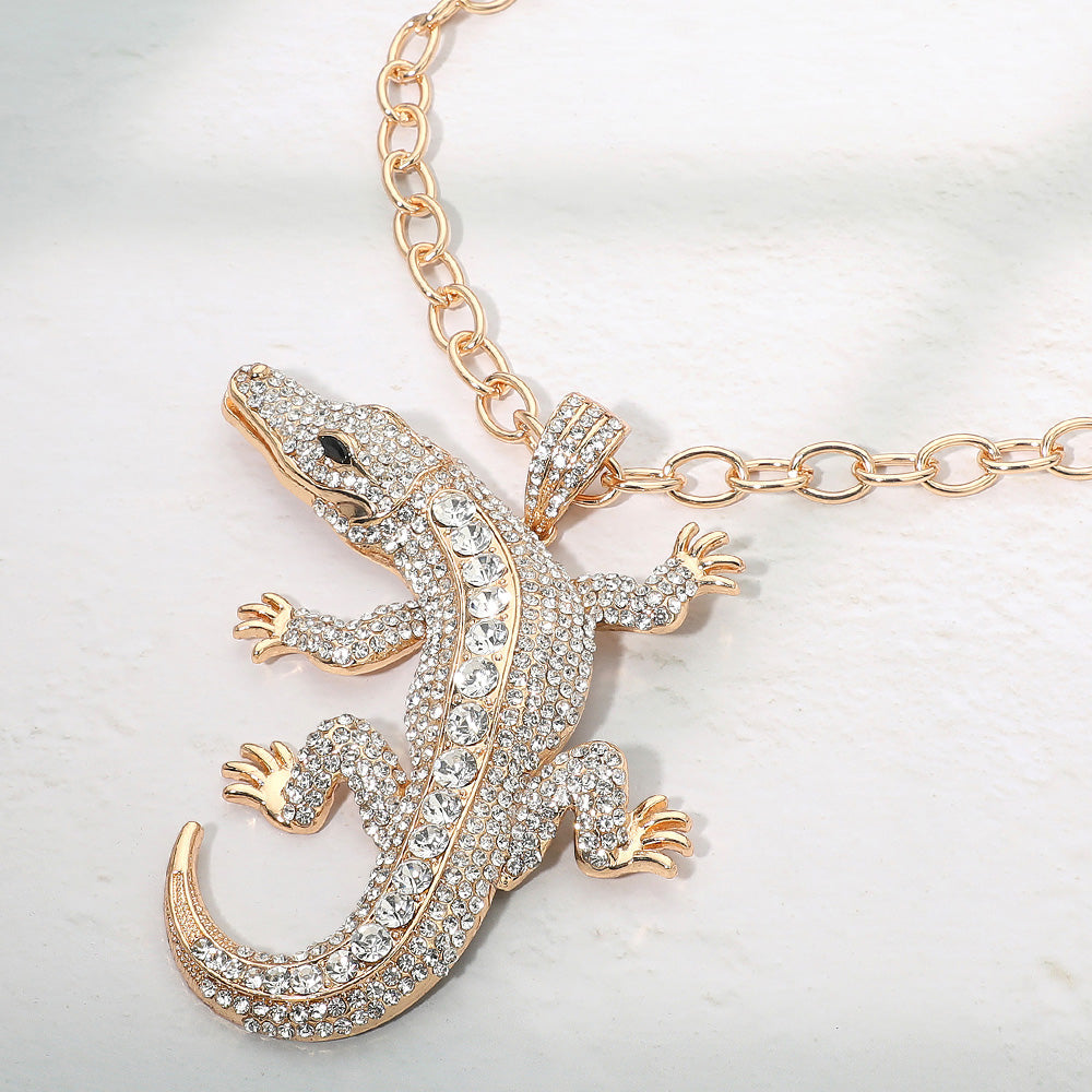 Madeline Love Clear, Gold Bold Bling Studded Alligator Pendant Chunky Chain Statement Necklace - Necklaces