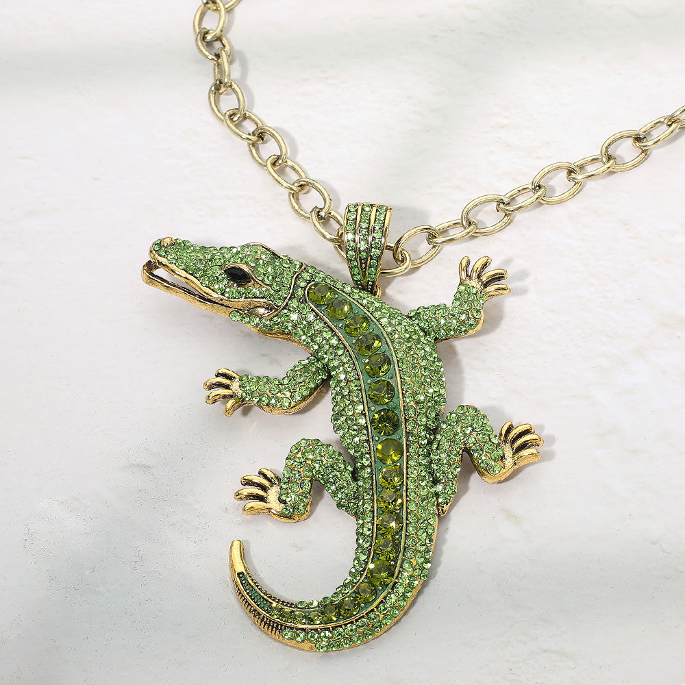 Madeline Love Green Bold Bling Studded Alligator Pendant Chunky Chain Statement Necklace - Necklaces