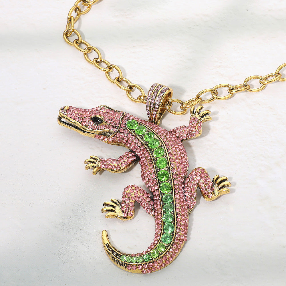 Madeline Love Pink&Green Bold Bling Studded Alligator Pendant Chunky Chain Statement Necklace - Necklaces