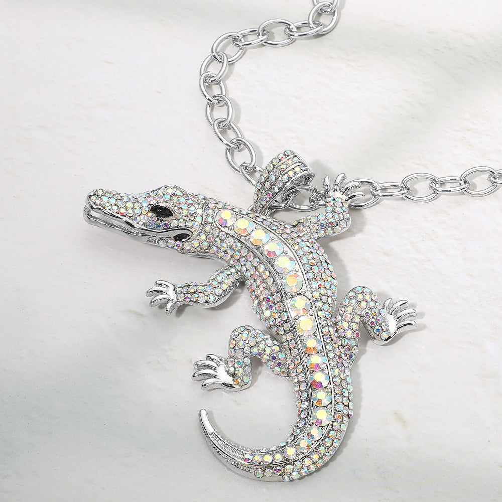Madeline Love AB, Silver Bold Bling Studded Alligator Pendant Chunky Chain Statement Necklace - Necklaces
