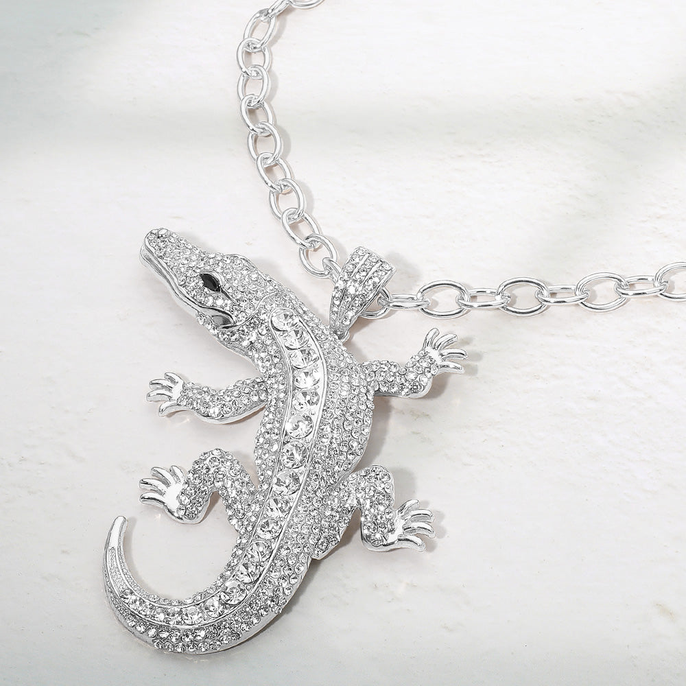 Madeline Love Clear, Silver Bold Bling Studded Alligator Pendant Chunky Chain Statement Necklace - Necklaces