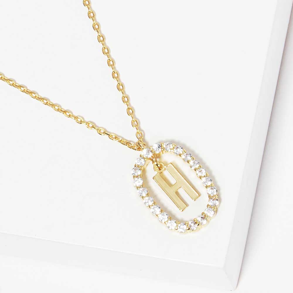 Madeline Love Gold -H- Gold Dipped Metal Initial Monogram Rhinestone Oval Link Pendant Necklace - Jewelry