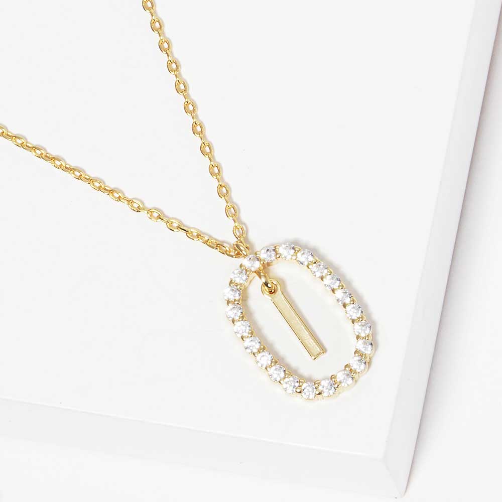 Madeline Love Gold -I- Gold Dipped Metal Initial Monogram Rhinestone Oval Link Pendant Necklace - Jewelry