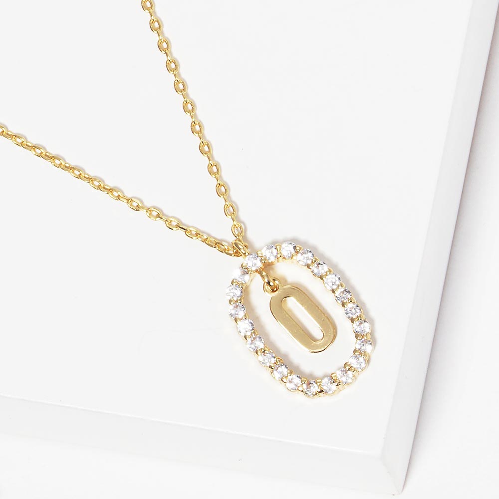 Madeline Love Gold -O- Gold Dipped Metal Initial Monogram Rhinestone Oval Link Pendant Necklace - Jewelry