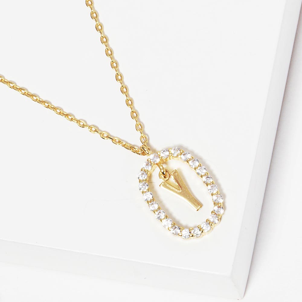Madeline Love Gold -Y- Gold Dipped Metal Initial Monogram Rhinestone Oval Link Pendant Necklace - Jewelry