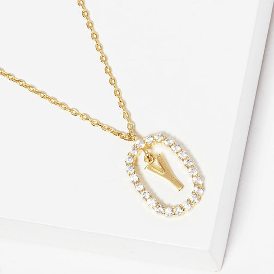 Madeline Love Gold -Y- Gold Dipped Metal Initial Monogram Rhinestone Oval Link Pendant Necklace - Jewelry