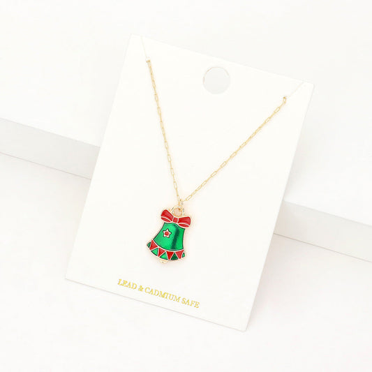 Madeline Love Green Enamel Christmas Bell Pendant Necklace - Jewelry