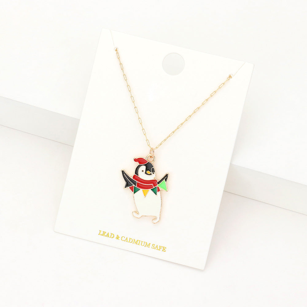 Madeline Love White Enamel Christmas Penguin Pendant Necklace - Jewelry