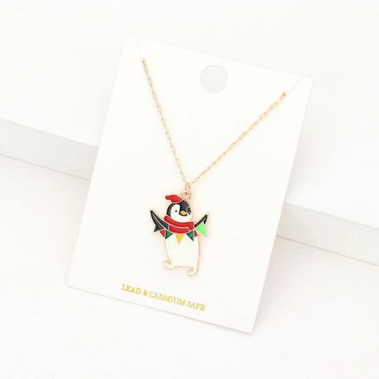 Madeline Love White Enamel Christmas Penguin Pendant Necklace - Jewelry