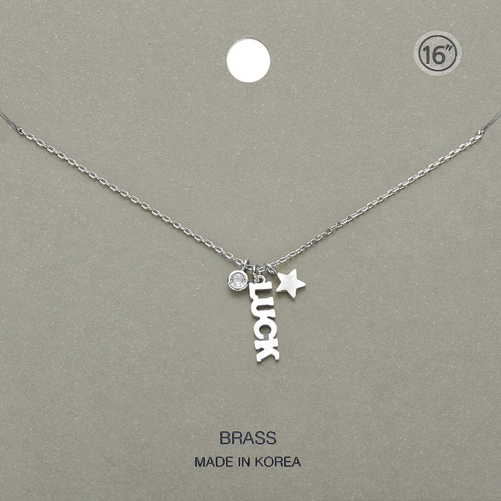 Madeline Love Rhodium LUCK Brass Metal Star Round Stone Pendant Message Necklace - Necklaces