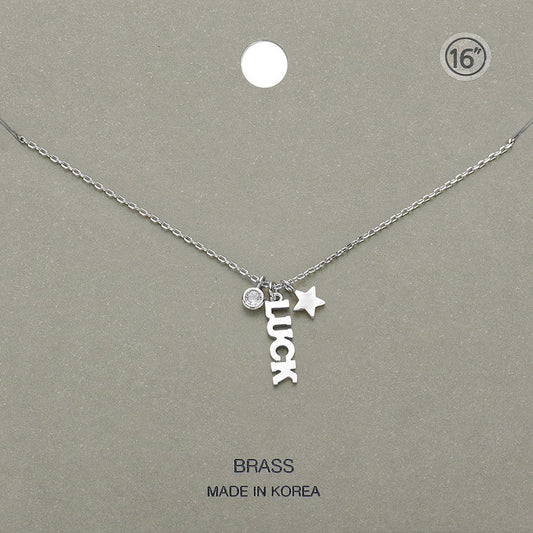 Madeline Love Rhodium LUCK Brass Metal Star Round Stone Pendant Message Necklace - Necklaces